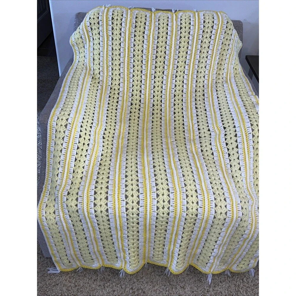 Handmade Crochet Throw Lap Blanket Colorful White Yellow 54x36